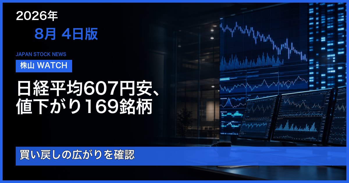 2026年8月4日版 日経平均607円安と値下がり169銘柄を受け、買い戻しの広がりを確認する朝WATCH